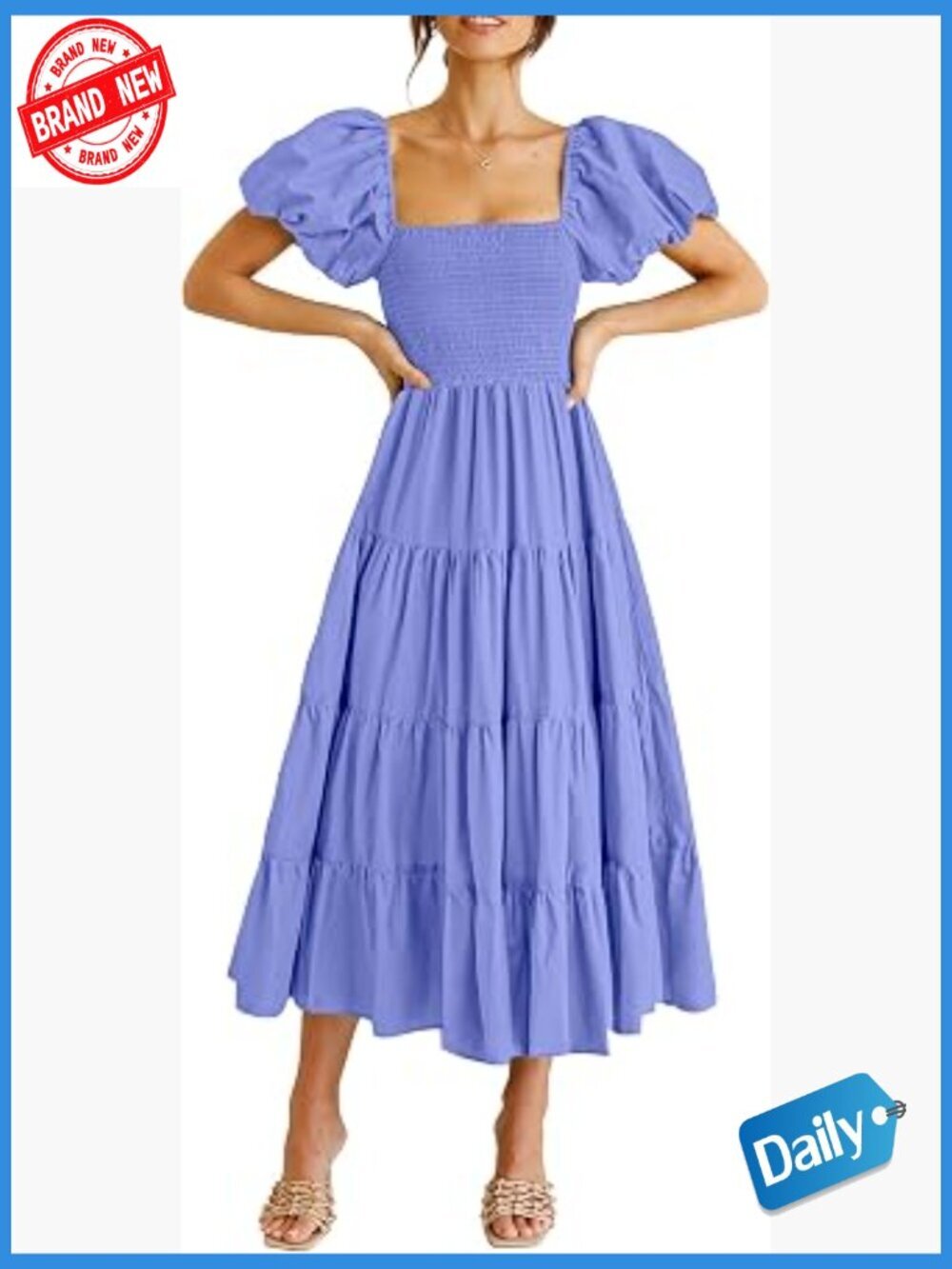 Smocked Midi Square Neck Puff Sleeve Ruffle Tiered A-Line Dress